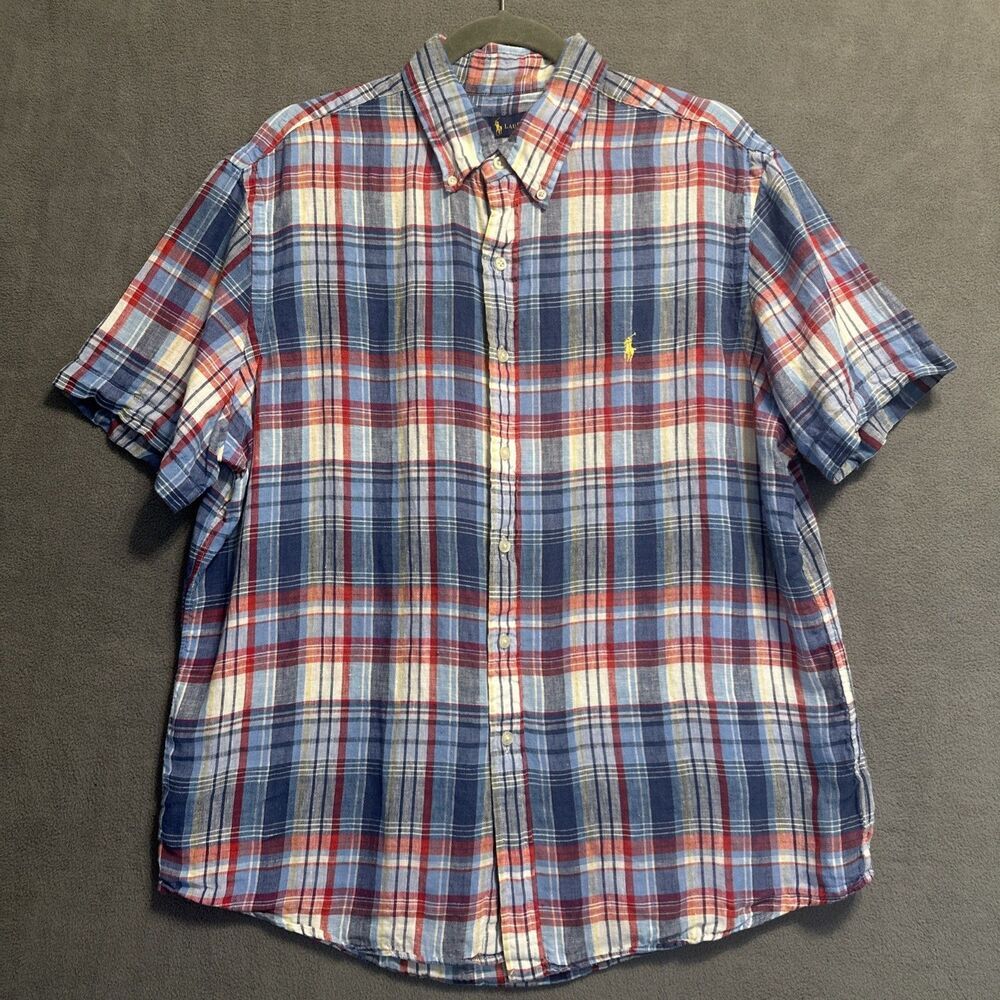 Ralph Lauren 100% Linen Plaid Button Down Shirt S/S Mens L Red White Blue Preppy